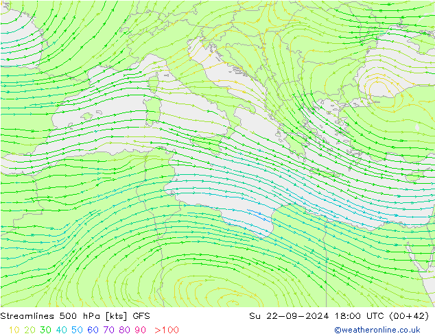 Streamlines 500 hPa GFS Su 22.09.2024 18 UTC