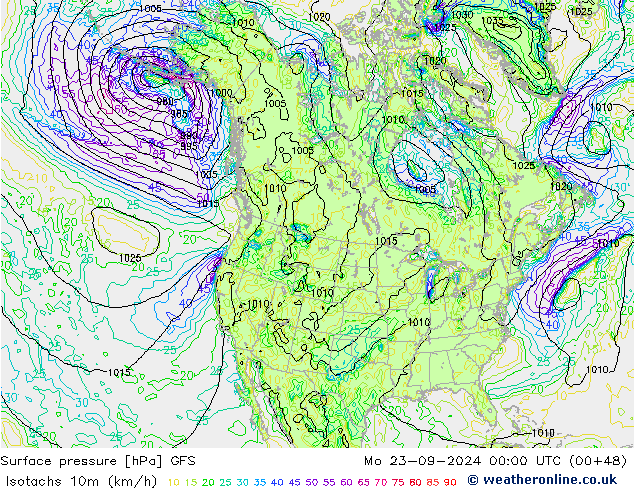 Isotachs (kph) GFS Mo 23.09.2024 00 UTC