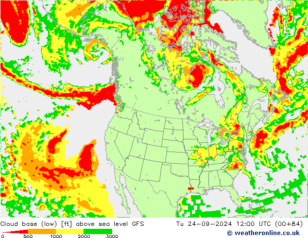 Cloud base (low) GFS Tu 24.09.2024 12 UTC