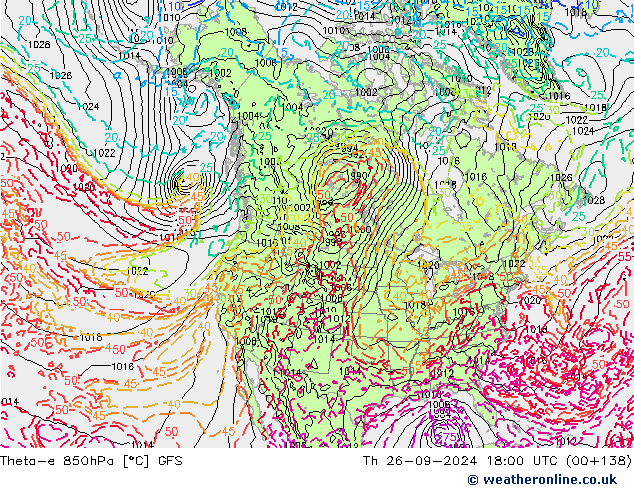 Theta-e 850hPa GFS czw. 26.09.2024 18 UTC