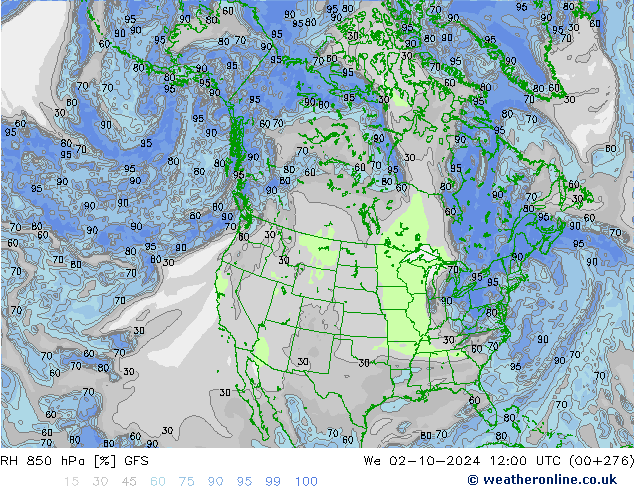 RH 850 hPa GFS Qua 02.10.2024 12 UTC