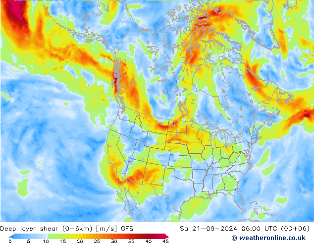 Deep layer shear (0-6km) GFS Sa 21.09.2024 06 UTC