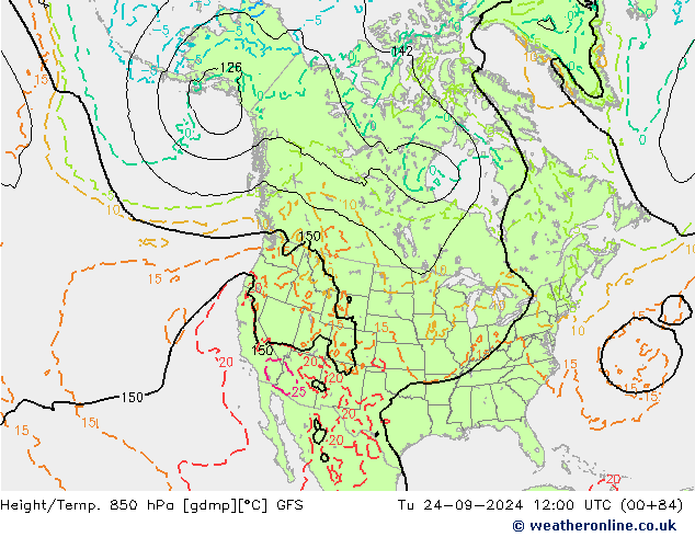 Height/Temp. 850 hPa GFS Út 24.09.2024 12 UTC