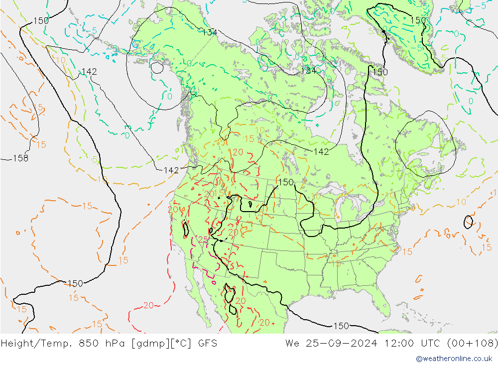 Height/Temp. 850 hPa GFS Qua 25.09.2024 12 UTC