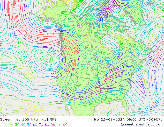 Linea di flusso 200 hPa GFS lun 23.09.2024 09 UTC