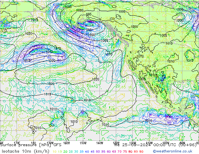 Izotacha (km/godz) GFS śro. 25.09.2024 00 UTC