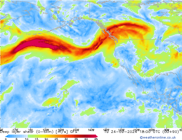 Deep layer shear (0-6km) GFS Di 24.09.2024 18 UTC