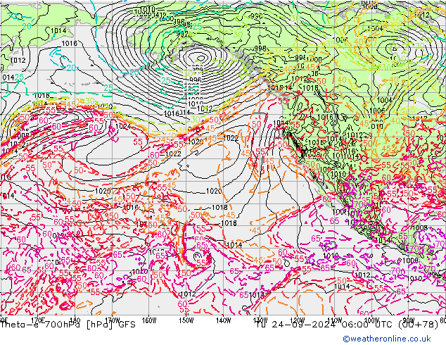 Theta-e 700hPa GFS Sa 24.09.2024 06 UTC