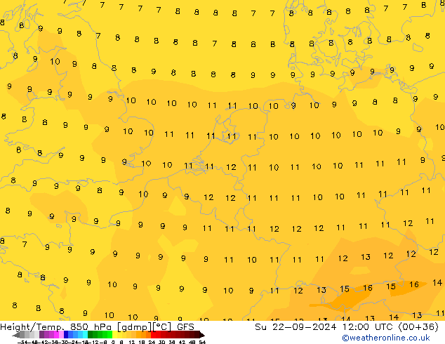 Height/Temp. 850 гПа GFS Вс 22.09.2024 12 UTC