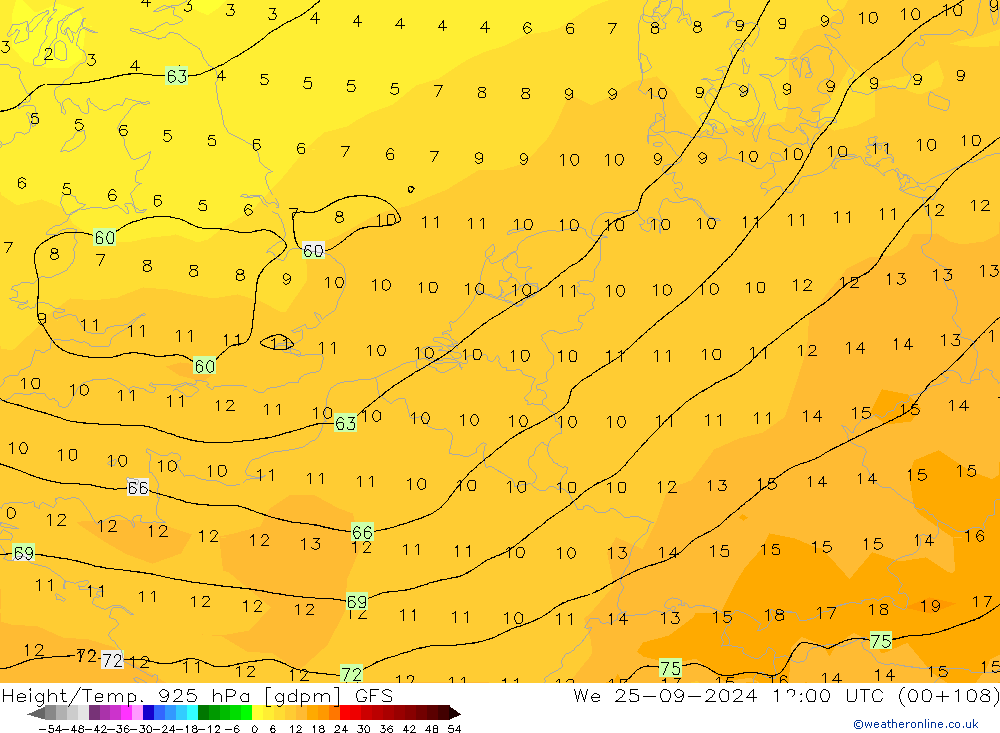 Height/Temp. 925 hPa GFS We 25.09.2024 12 UTC