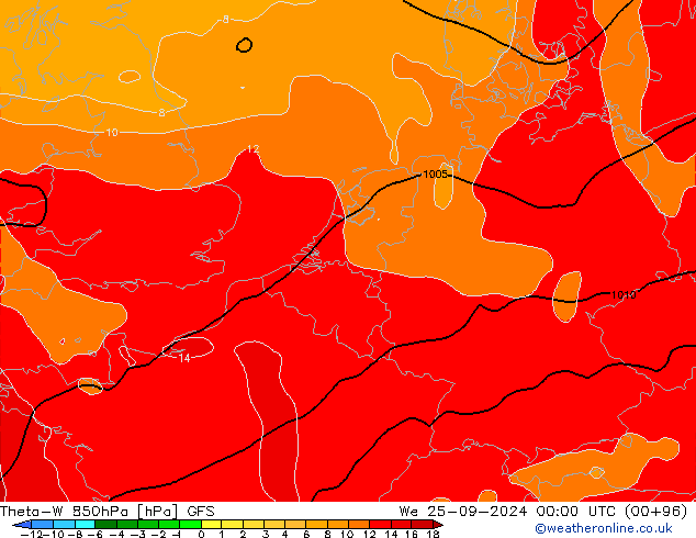 Theta-W 850hPa GFS śro. 25.09.2024 00 UTC