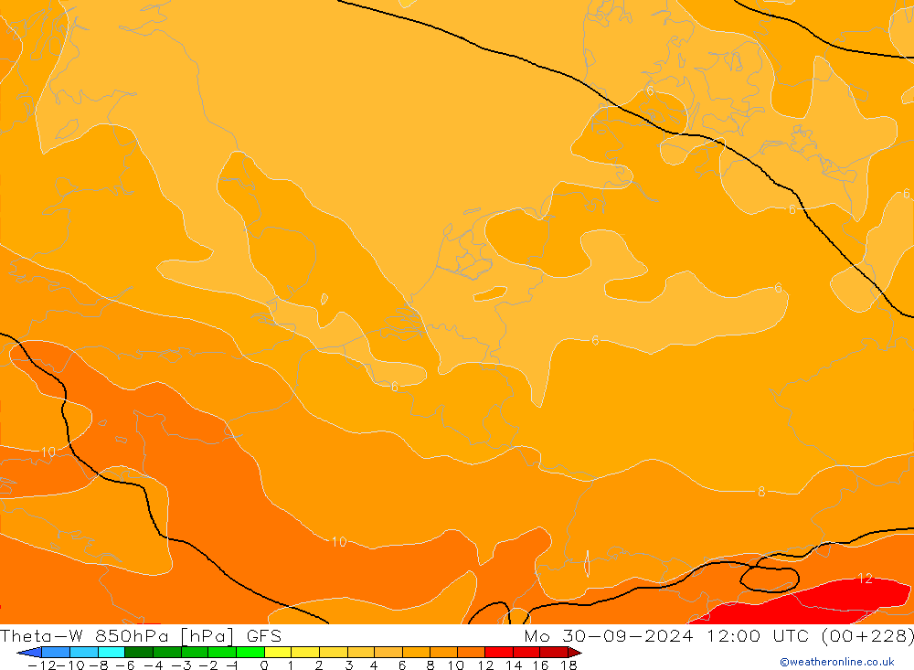 Theta-W 850hPa GFS pon. 30.09.2024 12 UTC