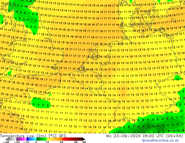 Minumum Değer (2m) GFS Pzt 23.09.2024 06 UTC