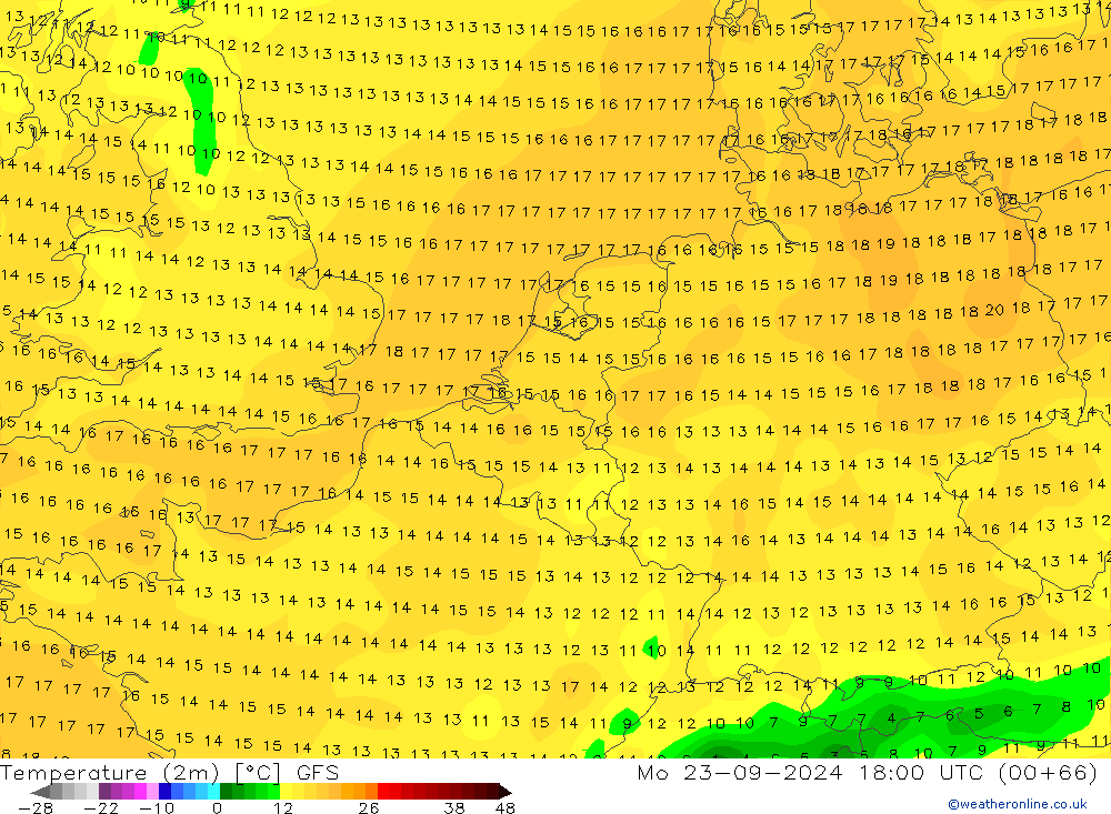 mapa temperatury (2m) GFS pon. 23.09.2024 18 UTC