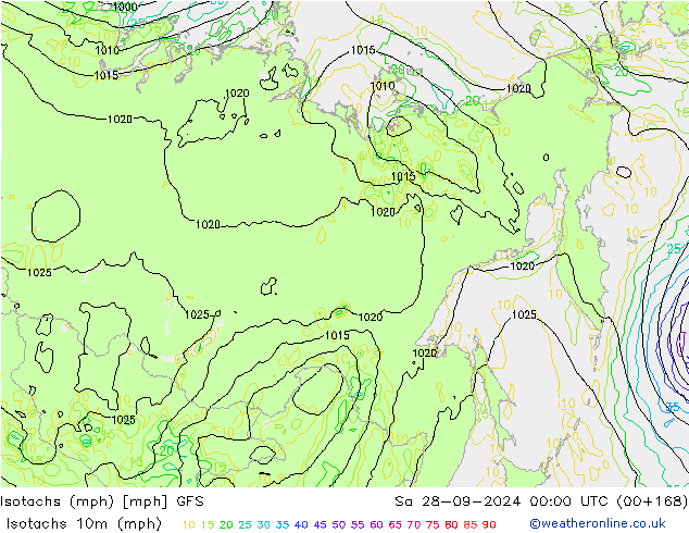 Isotachs (mph) GFS Sáb 28.09.2024 00 UTC