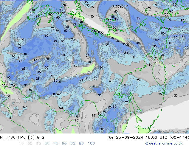 RH 700 hPa GFS Mi 25.09.2024 18 UTC