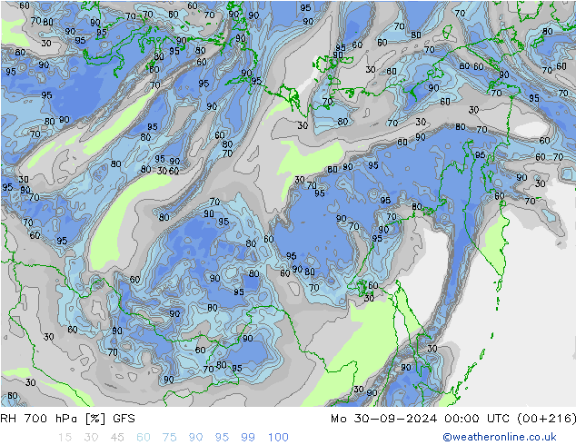 RH 700 hPa GFS Mo 30.09.2024 00 UTC