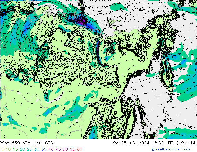 Vent 850 hPa GFS mer 25.09.2024 18 UTC