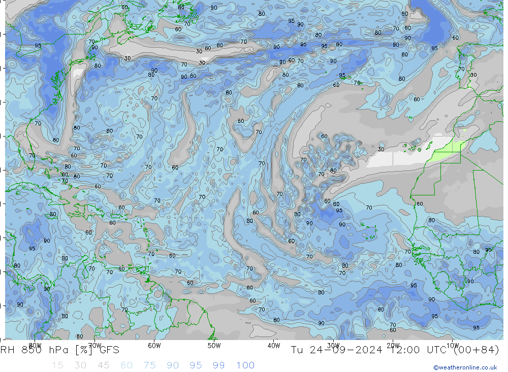 RH 850 hPa GFS Tu 24.09.2024 12 UTC