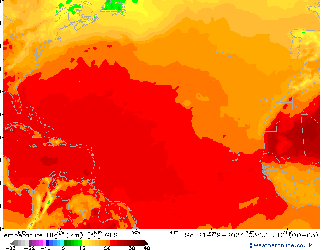 Temp. massima (2m) GFS sab 21.09.2024 03 UTC