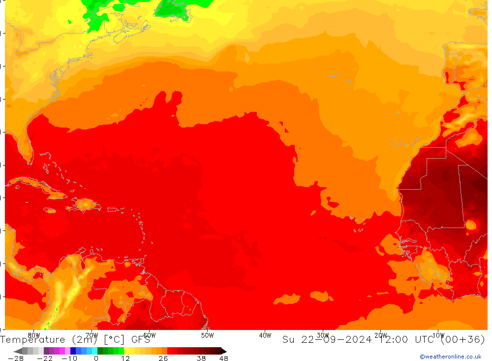 Temperatuurkaart (2m) GFS zo 22.09.2024 12 UTC