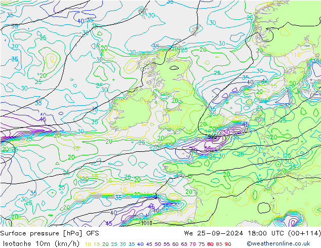 Isotachs (kph) GFS mer 25.09.2024 18 UTC