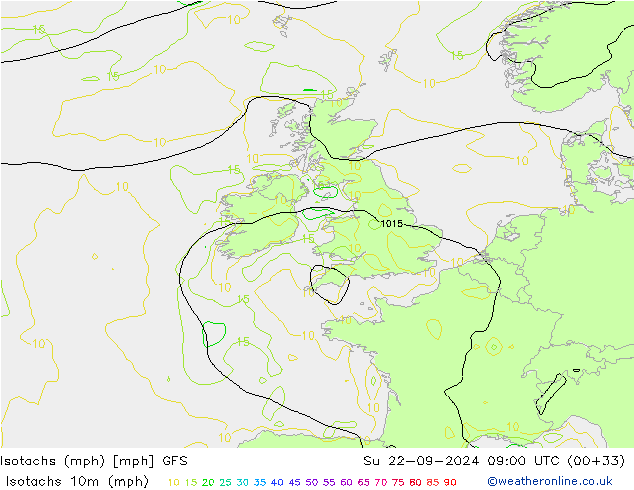 Isotachs (mph) GFS  22.09.2024 09 UTC