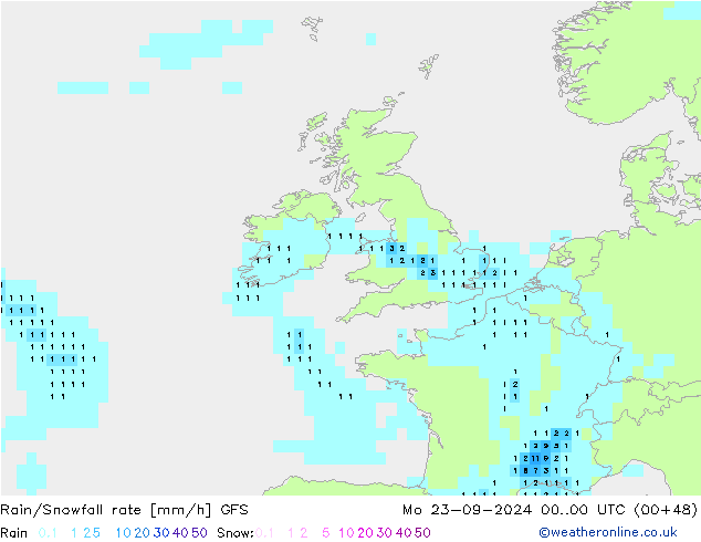 Rain/Snowfall rate GFS pon. 23.09.2024 00 UTC