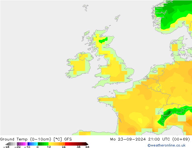 Temp. al suolo (0-10cm) GFS lun 23.09.2024 21 UTC