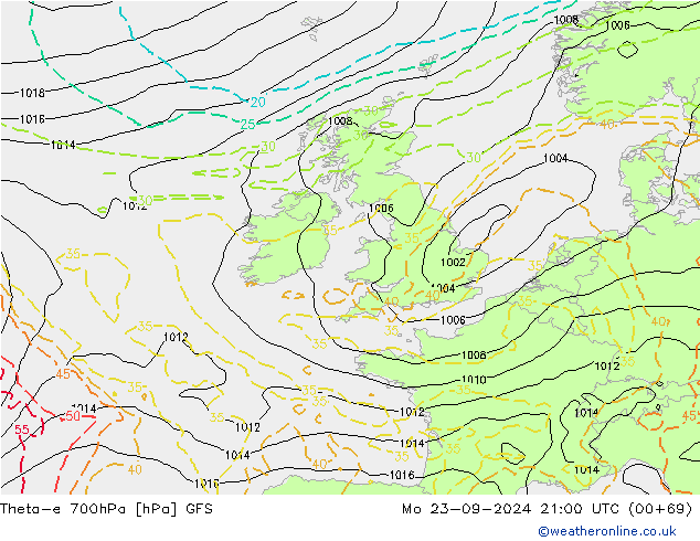 Theta-e 700hPa GFS Mo 23.09.2024 21 UTC