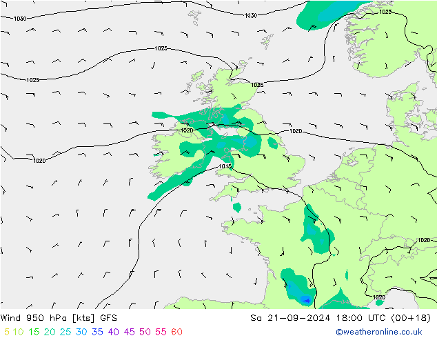 Vento 950 hPa GFS sab 21.09.2024 18 UTC