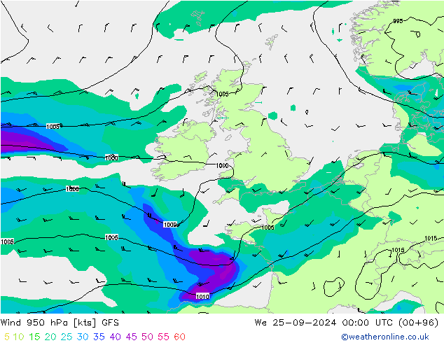 Vento 950 hPa GFS Qua 25.09.2024 00 UTC