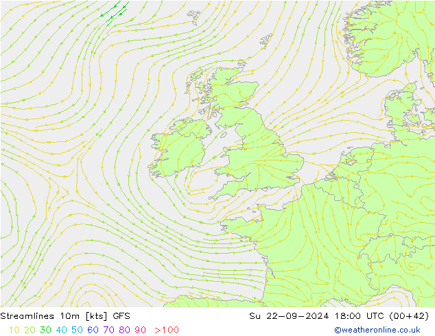 Streamlines 10m GFS Su 22.09.2024 18 UTC