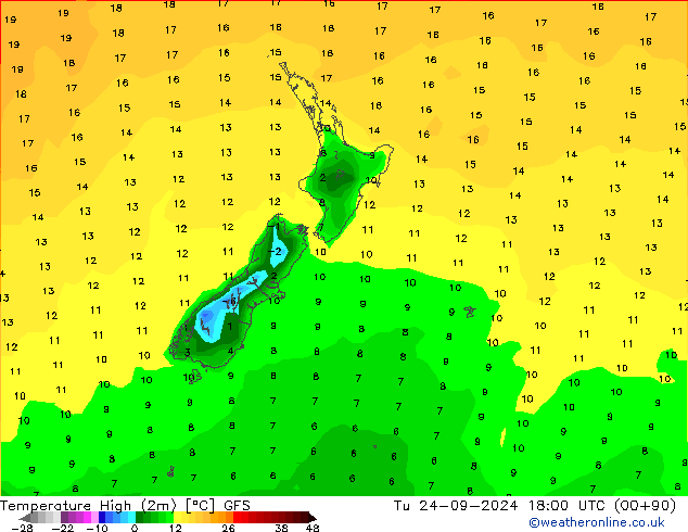 Темпер. макс 2т GFS вт 24.09.2024 18 UTC