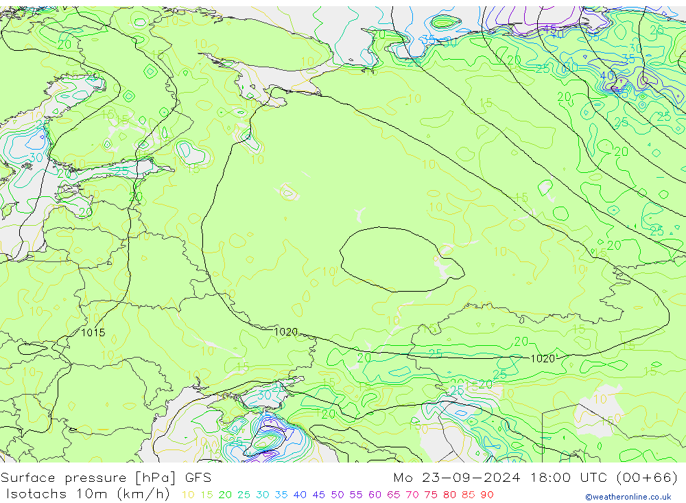 Isotachs (kph) GFS Seg 23.09.2024 18 UTC