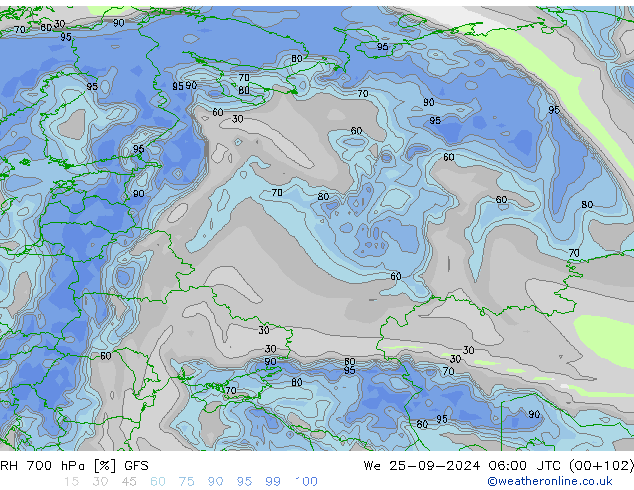 RH 700 hPa GFS We 25.09.2024 06 UTC