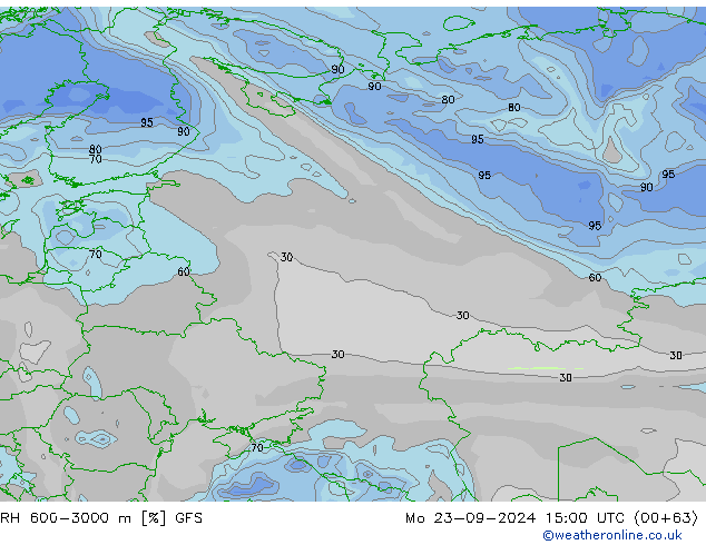 RH 600-3000 m GFS pon. 23.09.2024 15 UTC