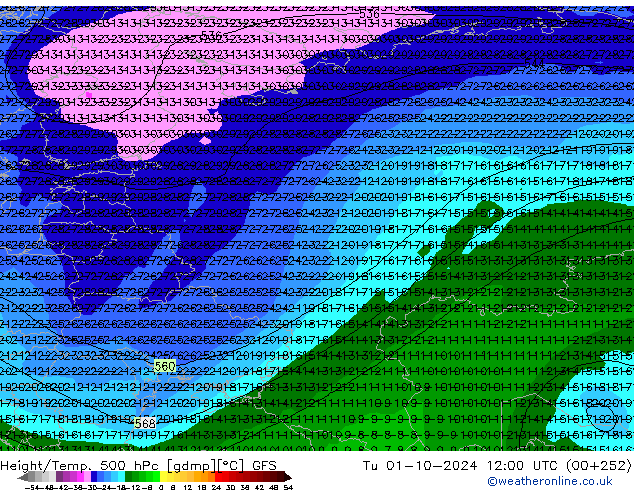 Hoogte/Temp. 500 hPa GFS di 01.10.2024 12 UTC