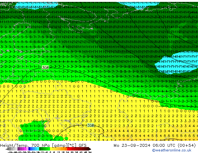 Géop./Temp. 700 hPa GFS lun 23.09.2024 06 UTC