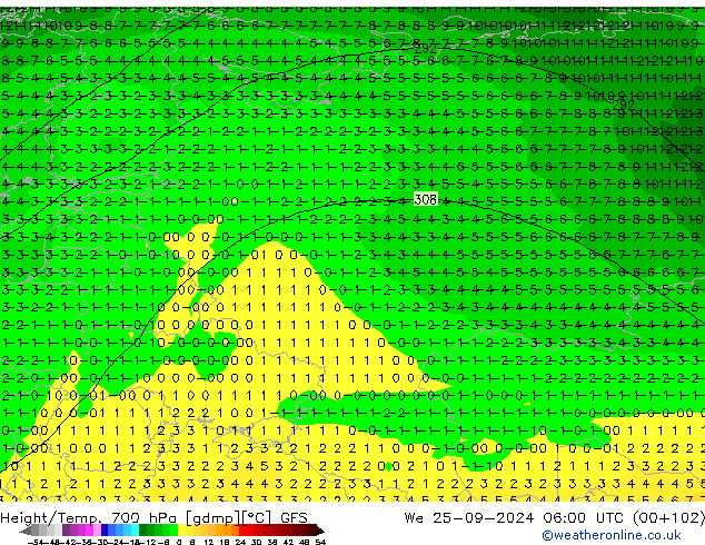 Height/Temp. 700 hPa GFS St 25.09.2024 06 UTC