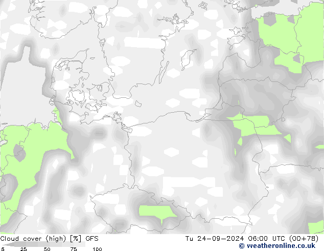 Cloud cover (high) GFS Tu 24.09.2024 06 UTC