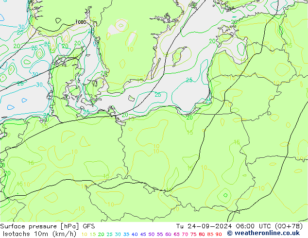 Isotachs (kph) GFS Tu 24.09.2024 06 UTC