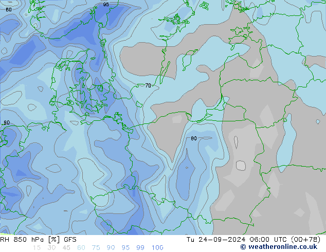 RH 850 hPa GFS Tu 24.09.2024 06 UTC