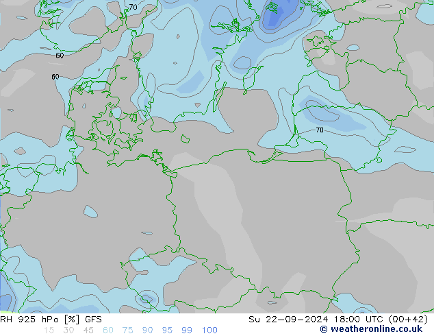 RH 925 hPa GFS dom 22.09.2024 18 UTC