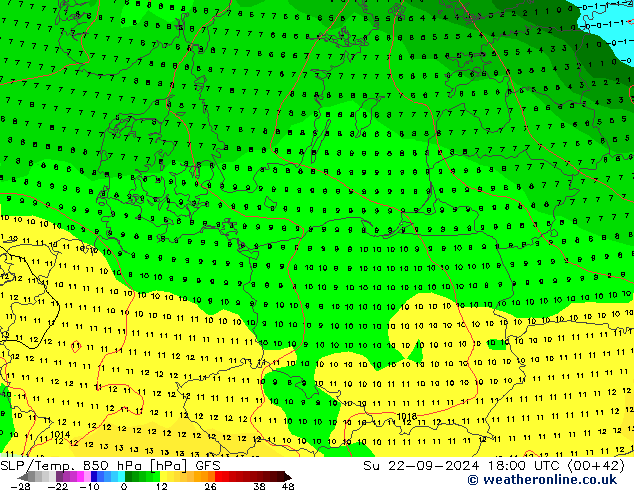 SLP/Temp. 850 hPa GFS dom 22.09.2024 18 UTC