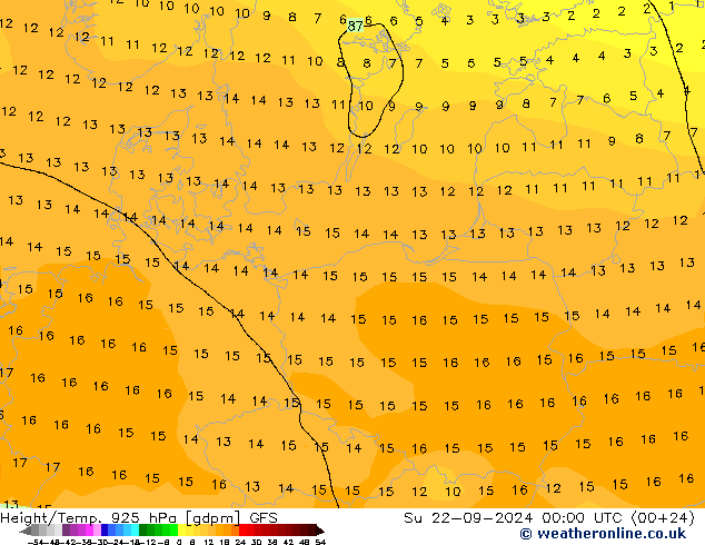 Hoogte/Temp. 925 hPa GFS zo 22.09.2024 00 UTC