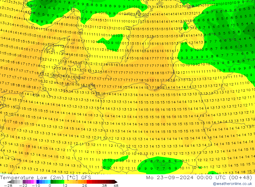 Temperature Low (2m) GFS Mo 23.09.2024 00 UTC