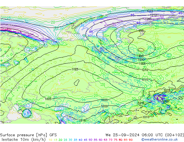 Izotacha (km/godz) GFS śro. 25.09.2024 06 UTC