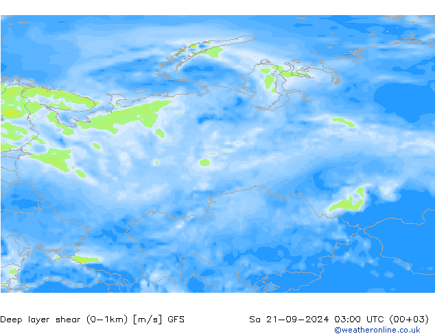 Deep layer shear (0-1km) GFS sáb 21.09.2024 03 UTC