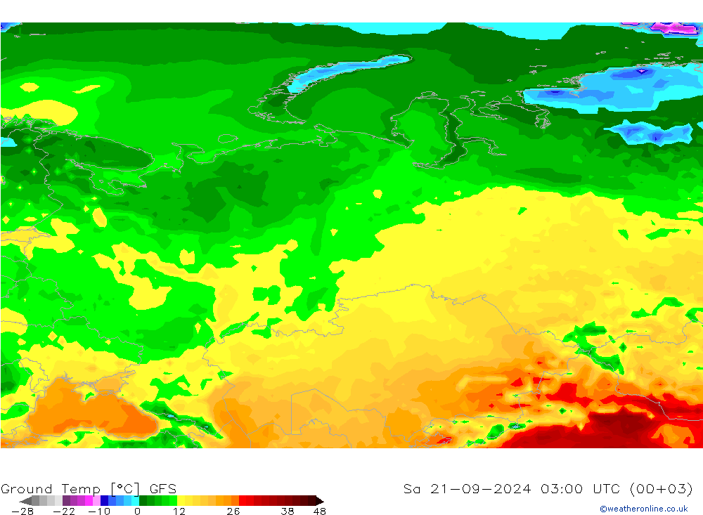 Temp. gruntu GFS so. 21.09.2024 03 UTC